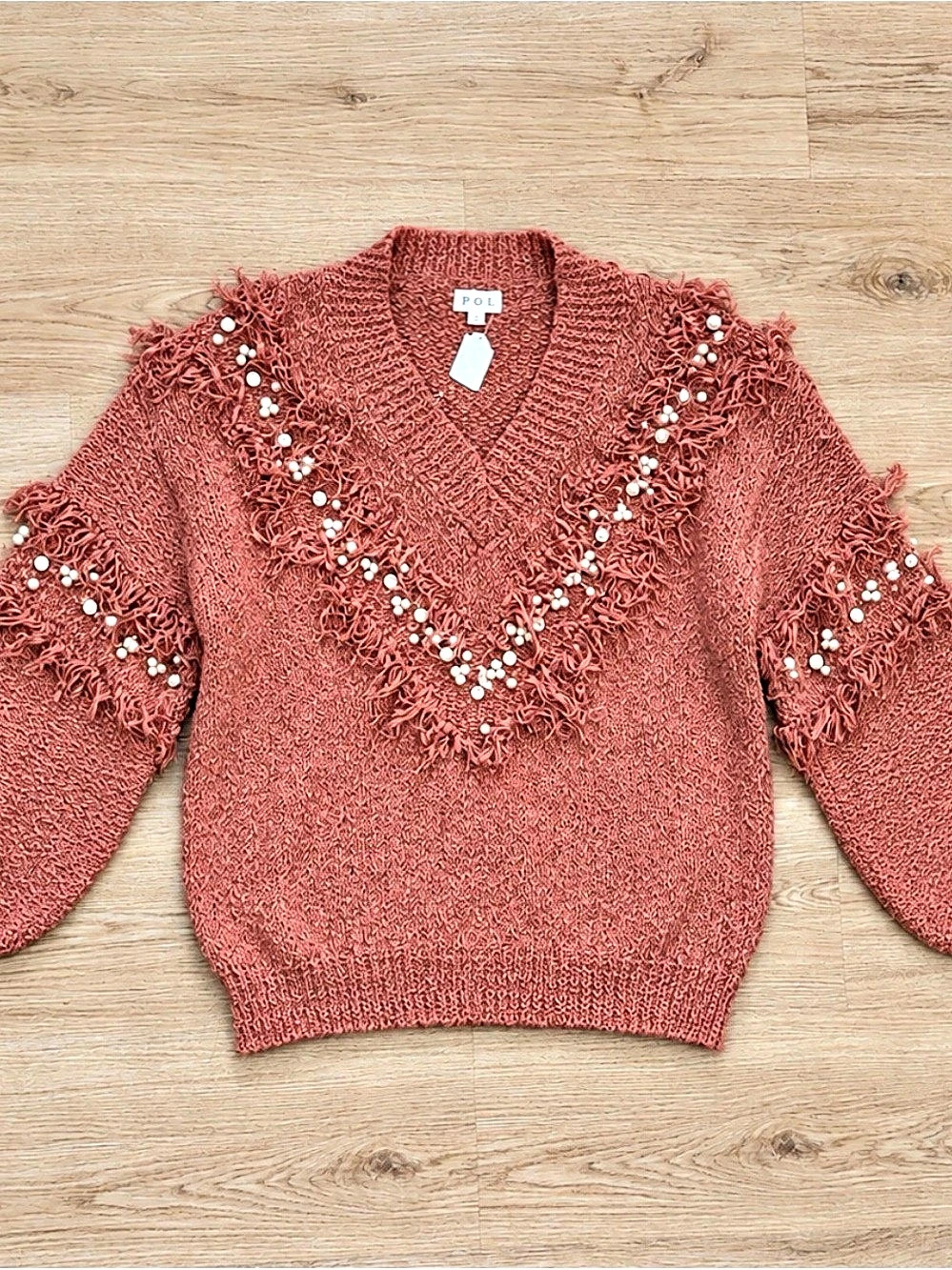 POL Beaded Fringe V-Neck Sweater in Pink Small NWT